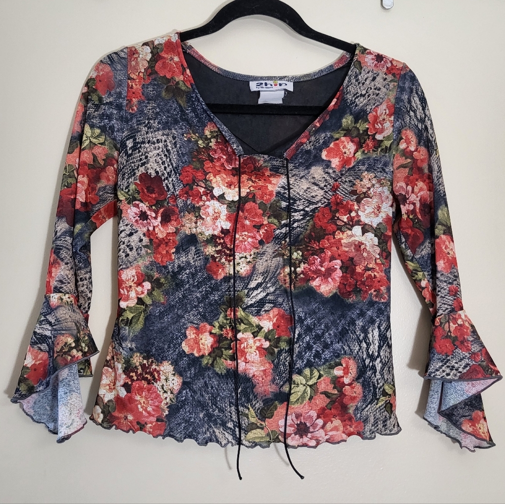 2Hip by Wrapper Black & Red Floral & Snake Print Bell Sleeve Blouse, Size L